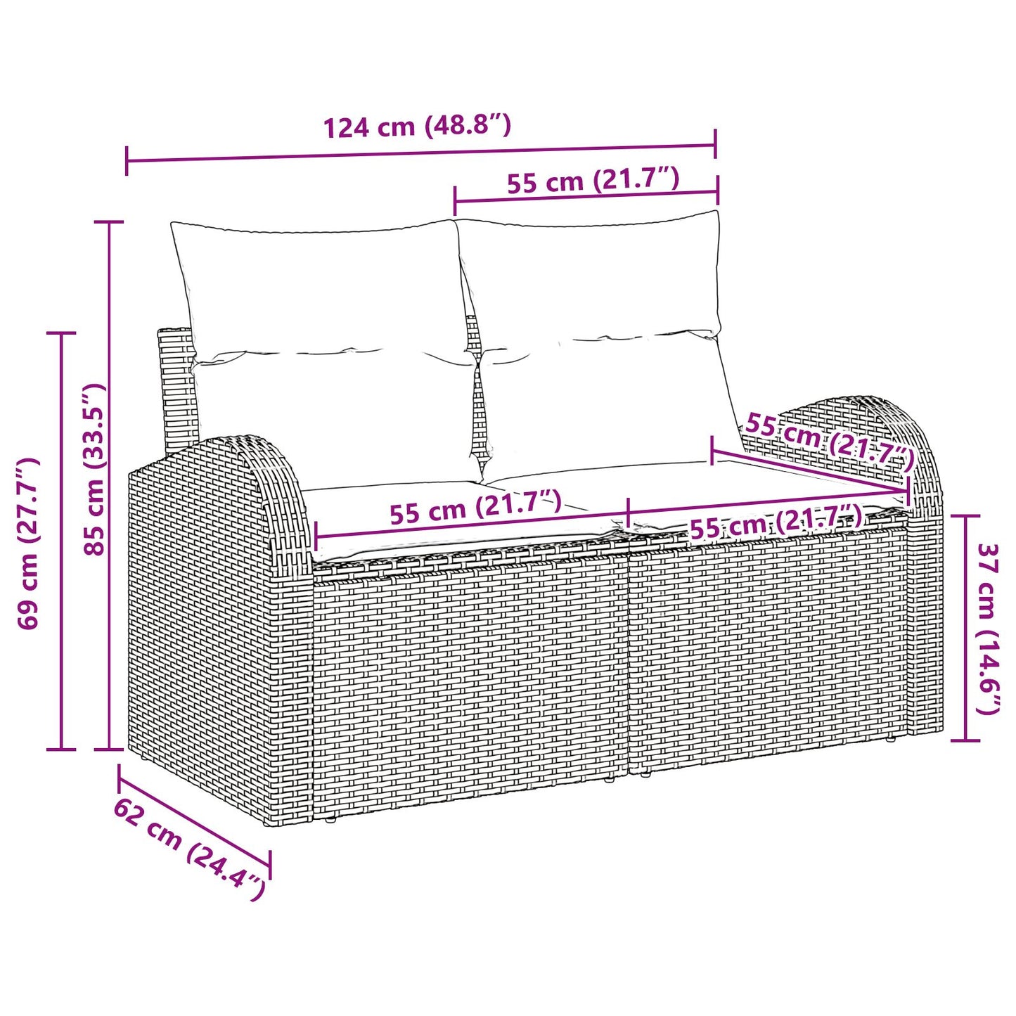 2 Seater Poly Rattan Garden Sofa